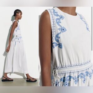 ZARA Embroidered White & Blue Sleeveless Dress